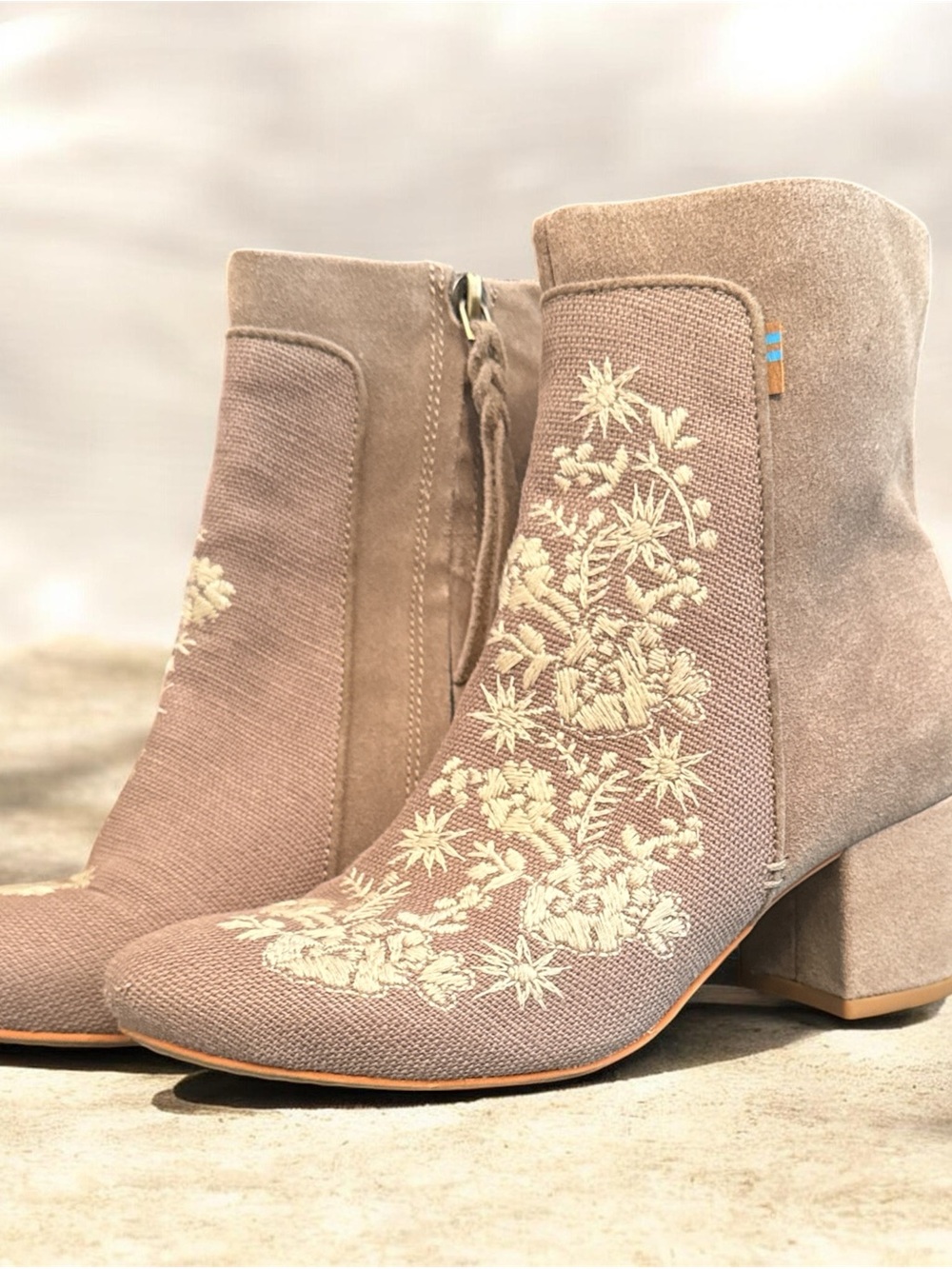 TOMS Evie Ankle Boot Taupe Embroidered with Cream Floral Detail